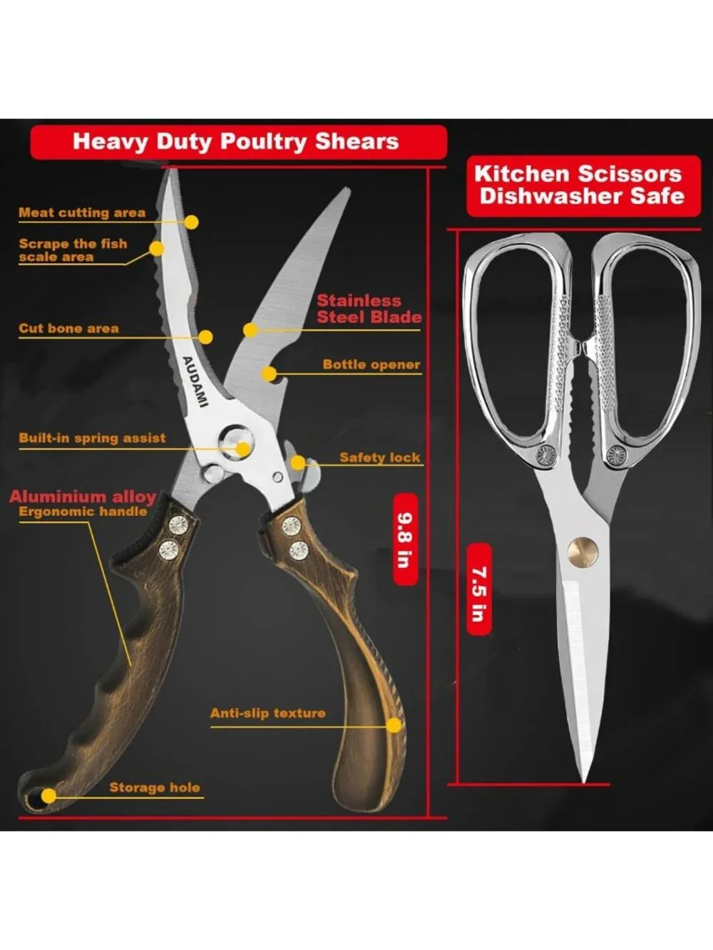 Heavy Duty Kitchen Scissors Set - Professional Stainless Steel Utility Shears